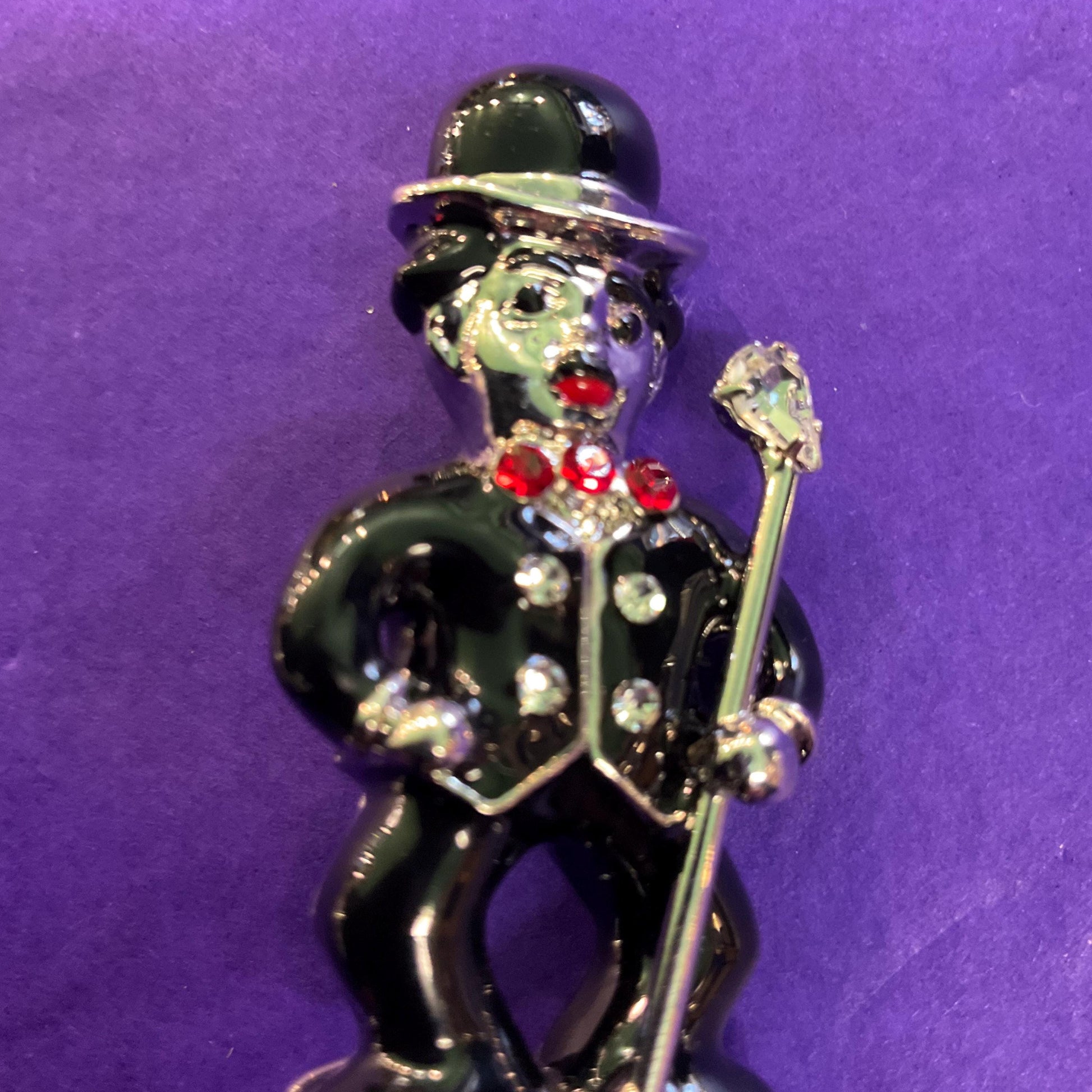 Vintage Butler and Wilson Enamel and Crystal Charlie Chaplin Brooch, Silver tone with red and black accents