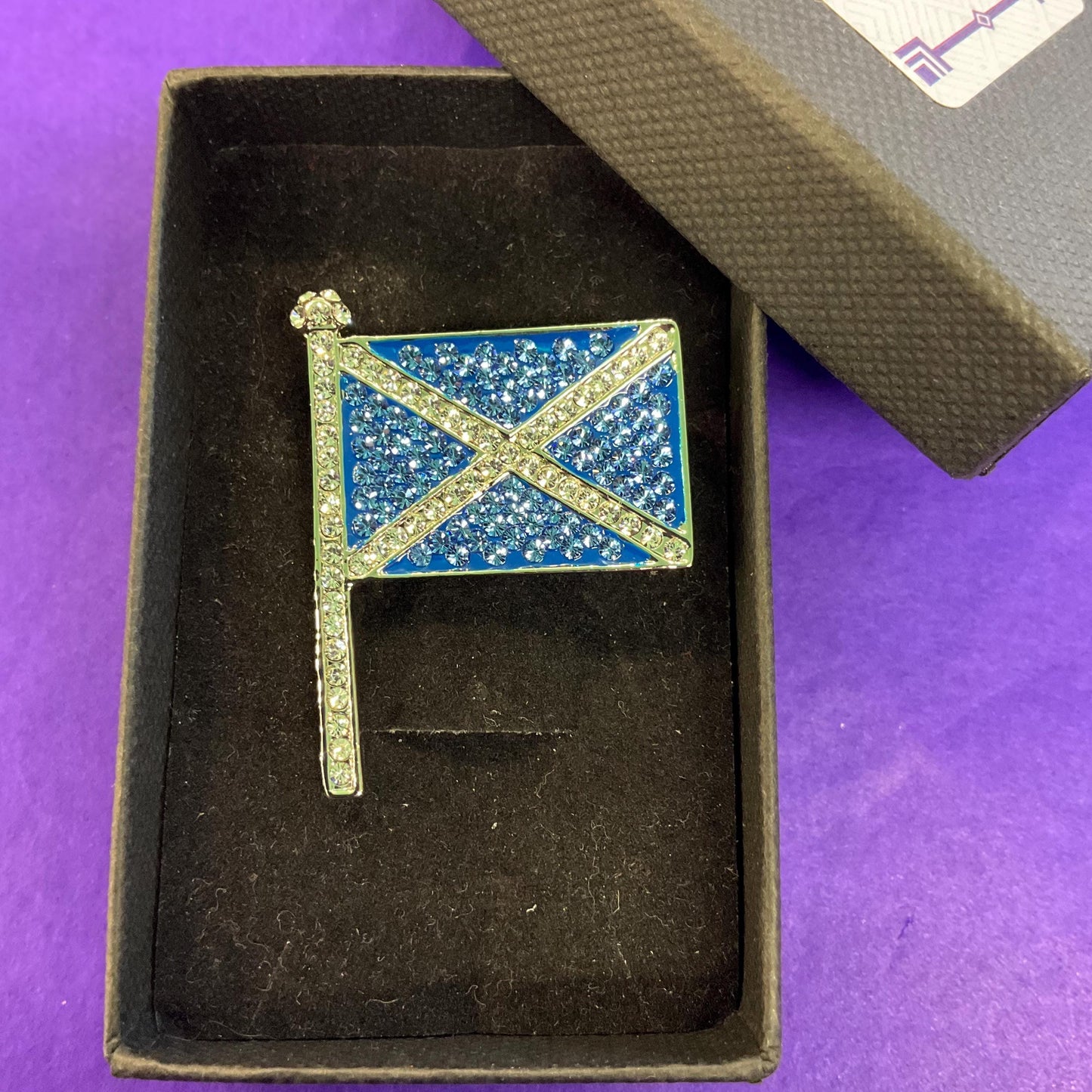 Vintage Butler and Wilson St Andrews Scottish Flag Crystal Brooch/ Lapel pin, Silver tone with silver and Blue rhinestones