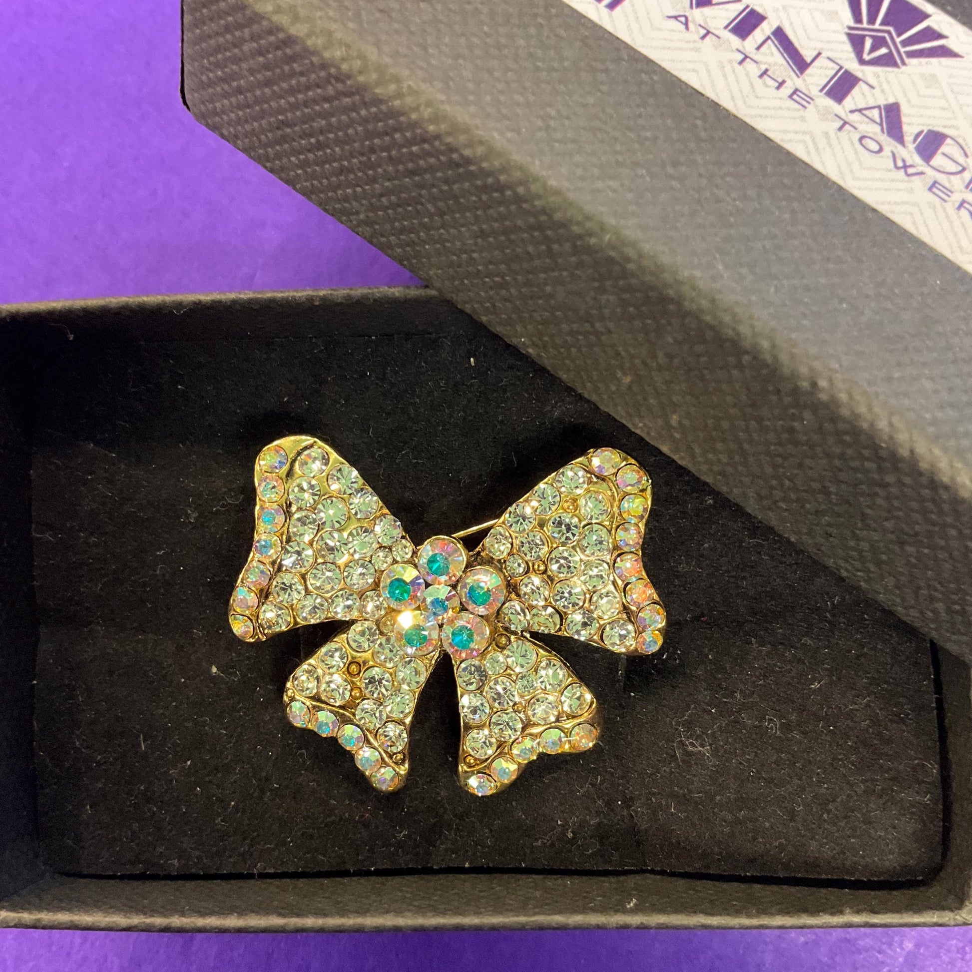 Vintage Butler and Wilson Petite Crystal Bow Brooch, Gold tone with silver and Aurora Borealis Rhinestones, Friendship Gift