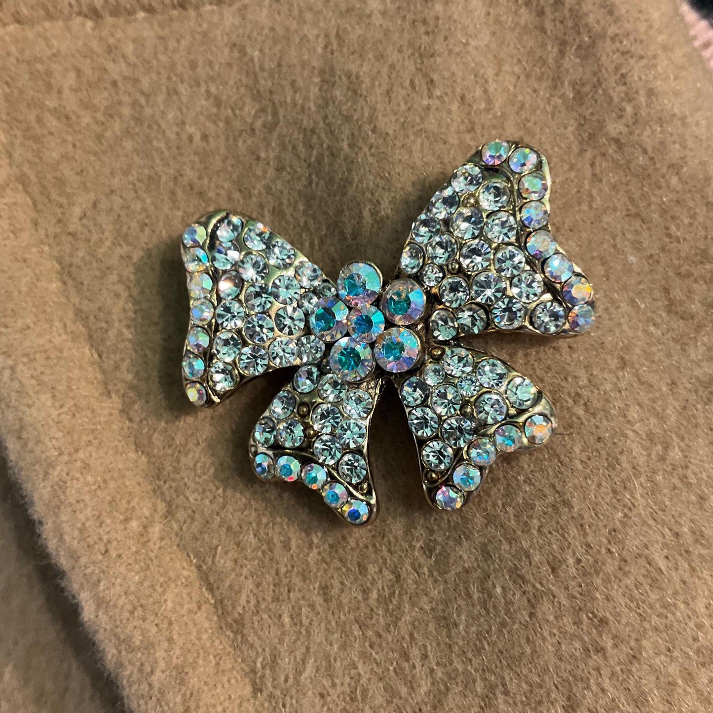 Vintage Butler and Wilson Petite Crystal Bow Brooch, Gold tone with silver and Aurora Borealis Rhinestones, Friendship Gift