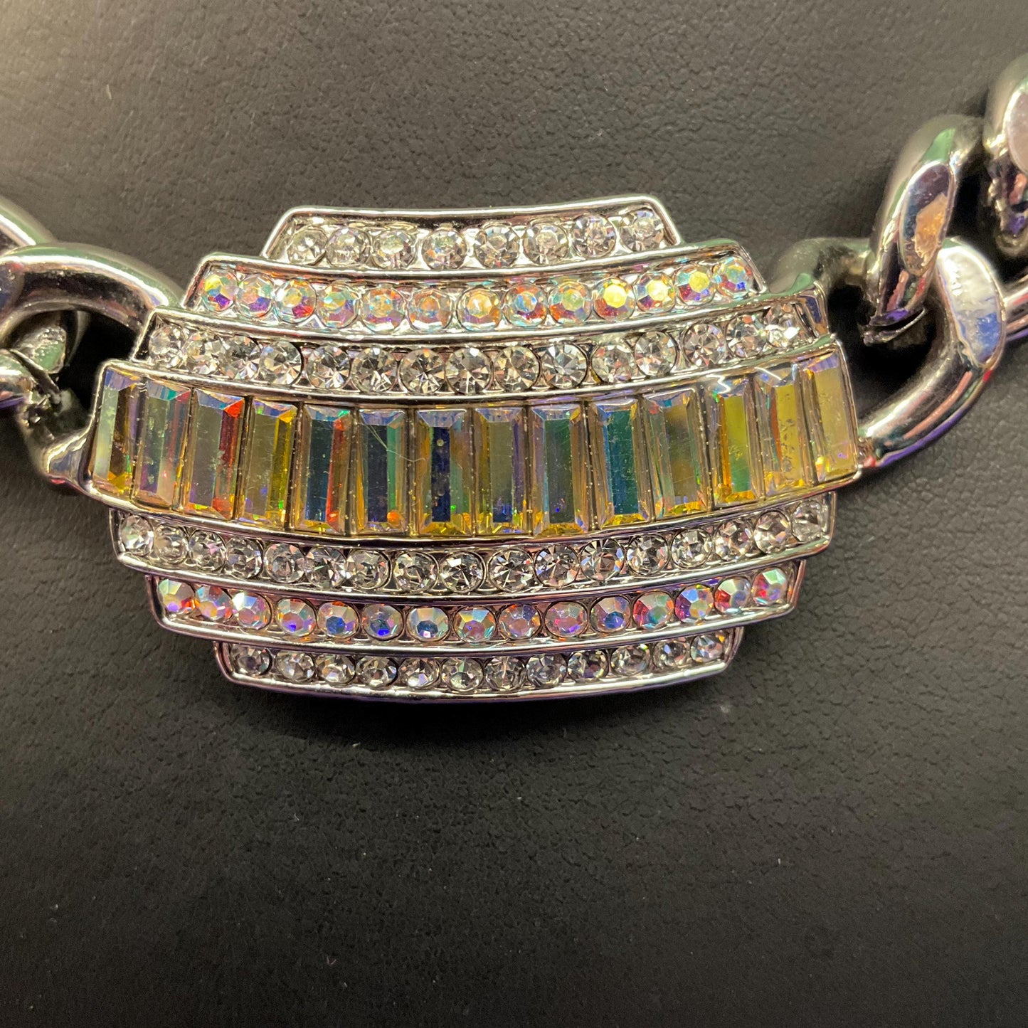 Vintage Butler and Wilson Statement Silver Tone Art Deco Style Crystal Necklace, Chunky Silver Chain with Aurora Borealis Crystals