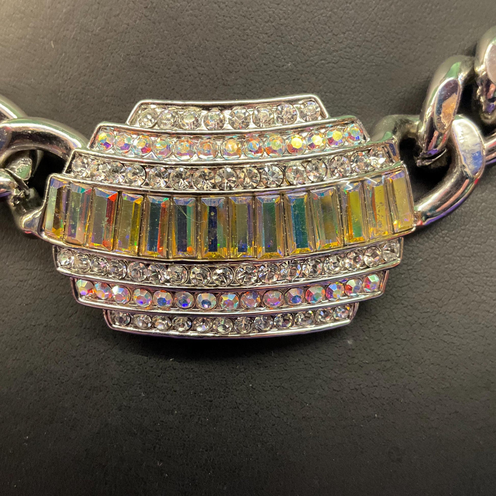 Vintage Butler and Wilson Statement Silver Tone Art Deco Style Crystal Necklace, Chunky Silver Chain with Aurora Borealis Crystals