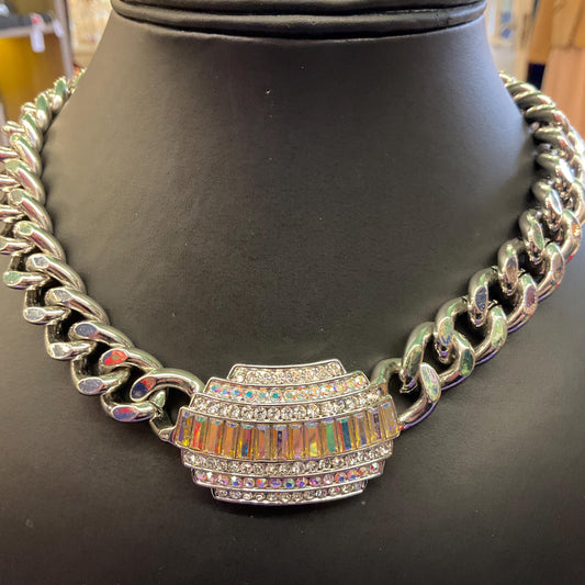 Vintage Butler and Wilson Statement Silver Tone Art Deco Style Crystal Necklace, Chunky Silver Chain with Aurora Borealis Crystals