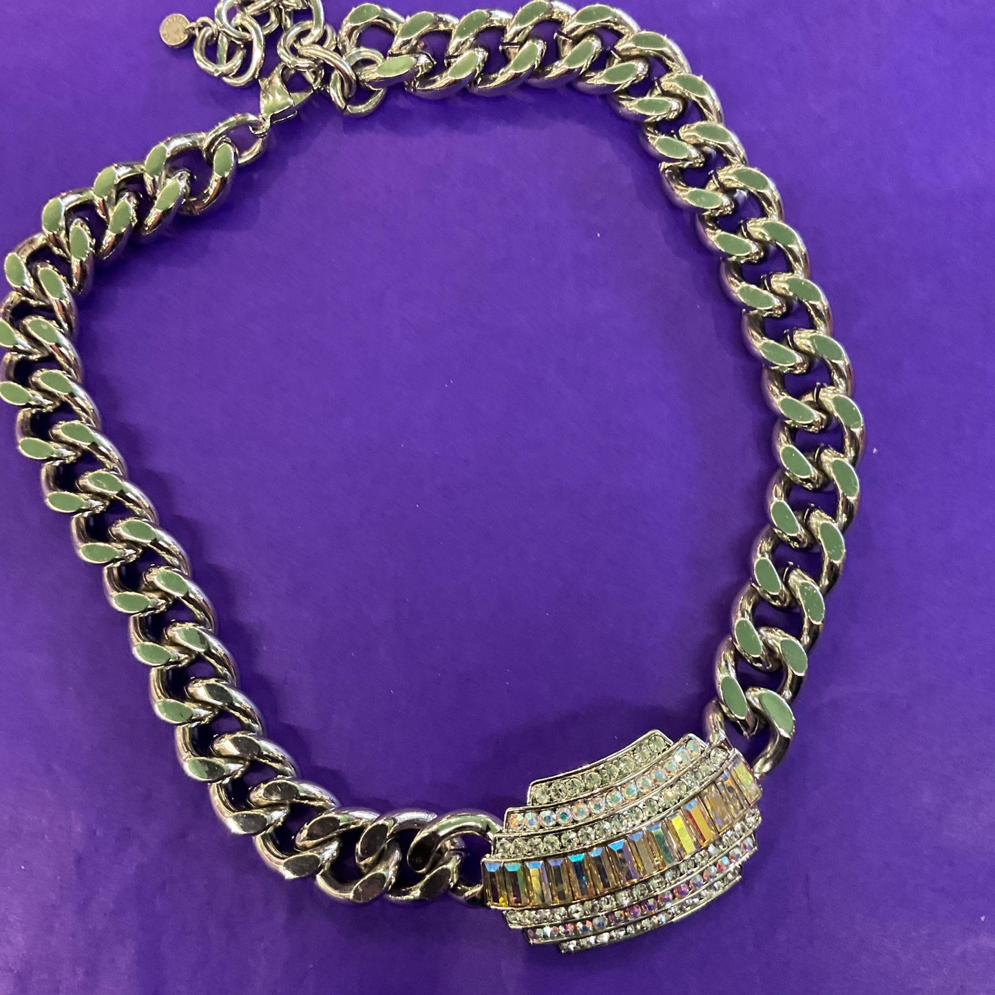 Vintage Butler and Wilson Statement Silver Tone Art Deco Style Crystal Necklace, Chunky Silver Chain with Aurora Borealis Crystals