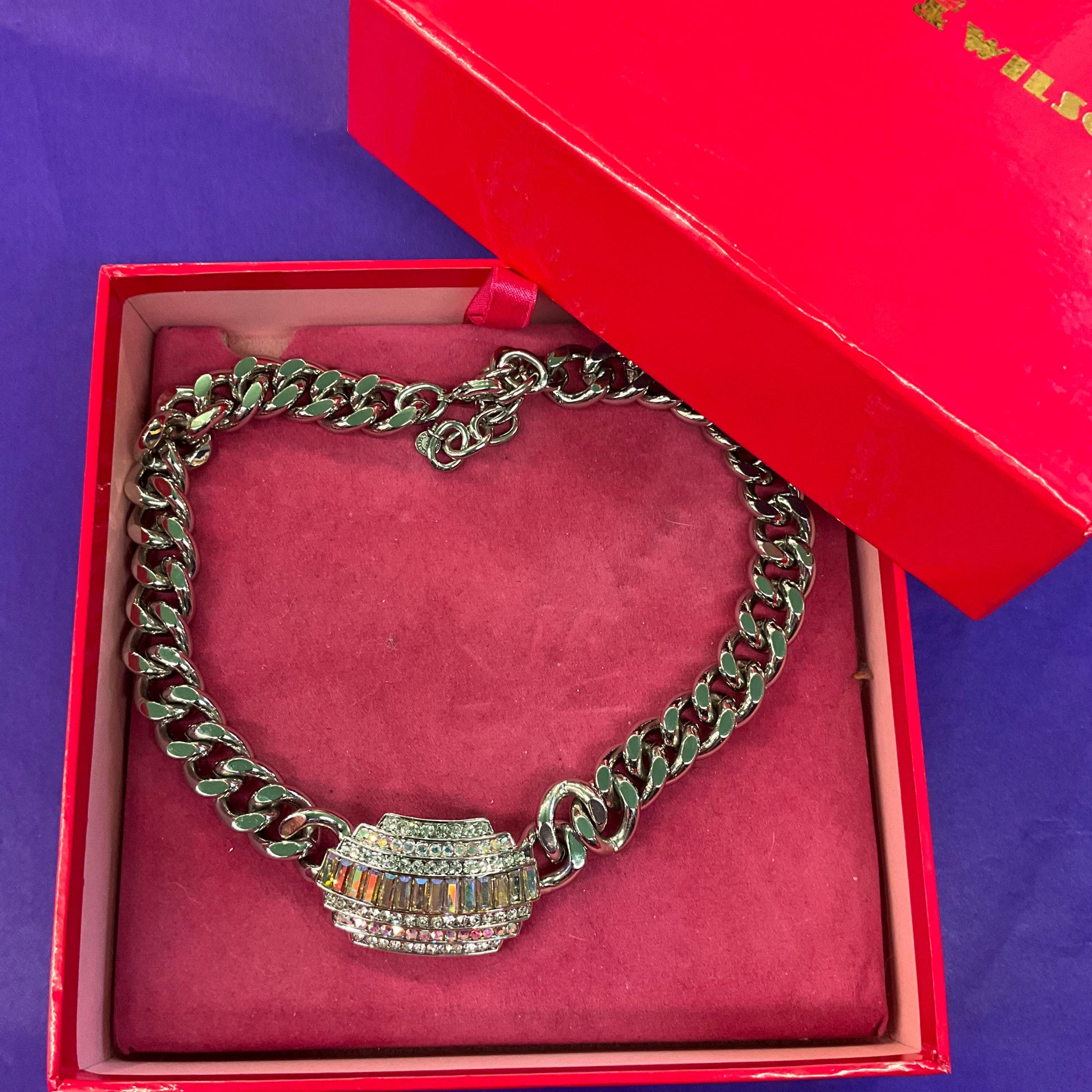 Vintage Butler and Wilson Statement Silver Tone Art Deco Style Crystal Necklace, Chunky Silver Chain with Aurora Borealis Crystals