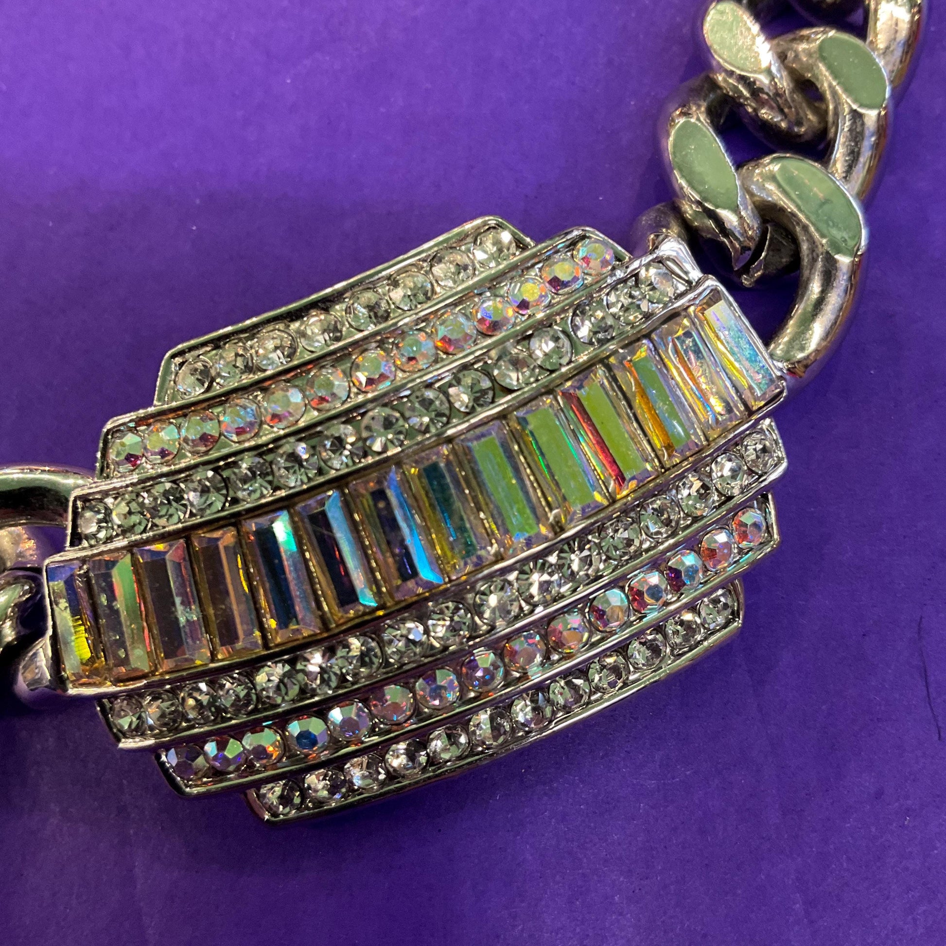 Vintage Butler and Wilson Statement Silver Tone Art Deco Style Crystal Necklace, Chunky Silver Chain with Aurora Borealis Crystals