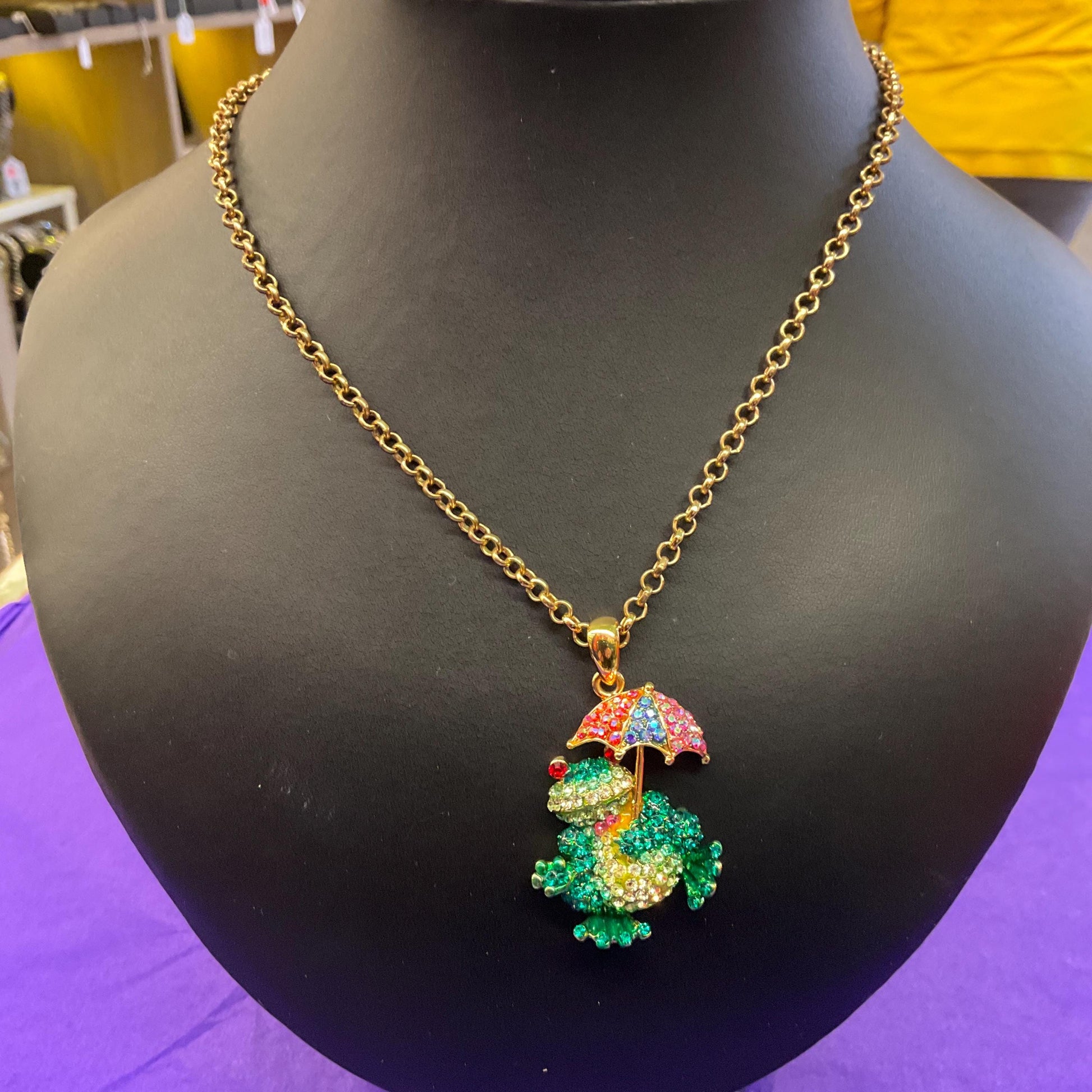 Vintage Butler and Wilson Quirky Crystal Frog with Umbrella Large Pendant Necklace, Gold tone chain with multicoloured rhinestones