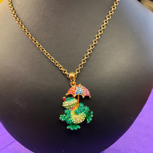 Vintage Butler and Wilson Quirky Crystal Frog with Umbrella Large Pendant Necklace, Gold tone chain with multicoloured rhinestones