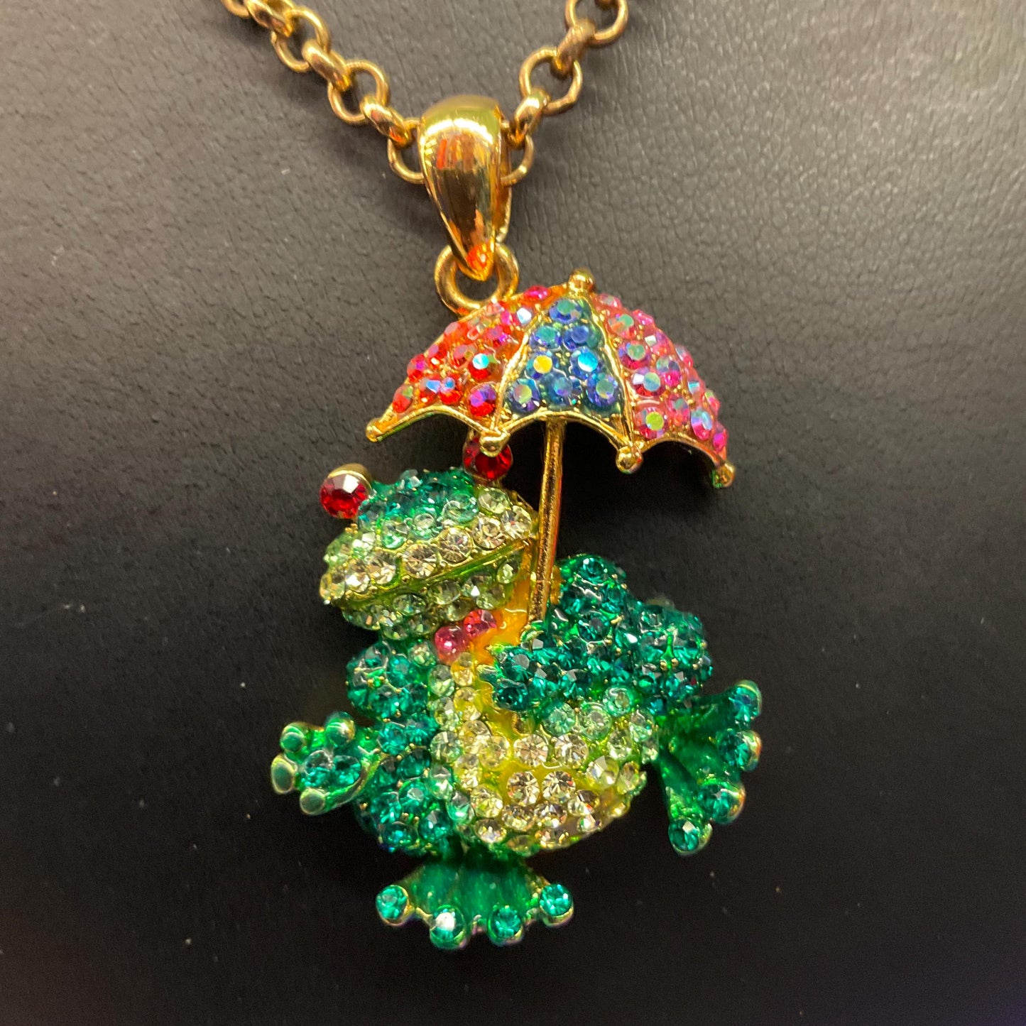 Vintage Butler and Wilson Quirky Crystal Frog with Umbrella Large Pendant Necklace, Gold tone chain with multicoloured rhinestones