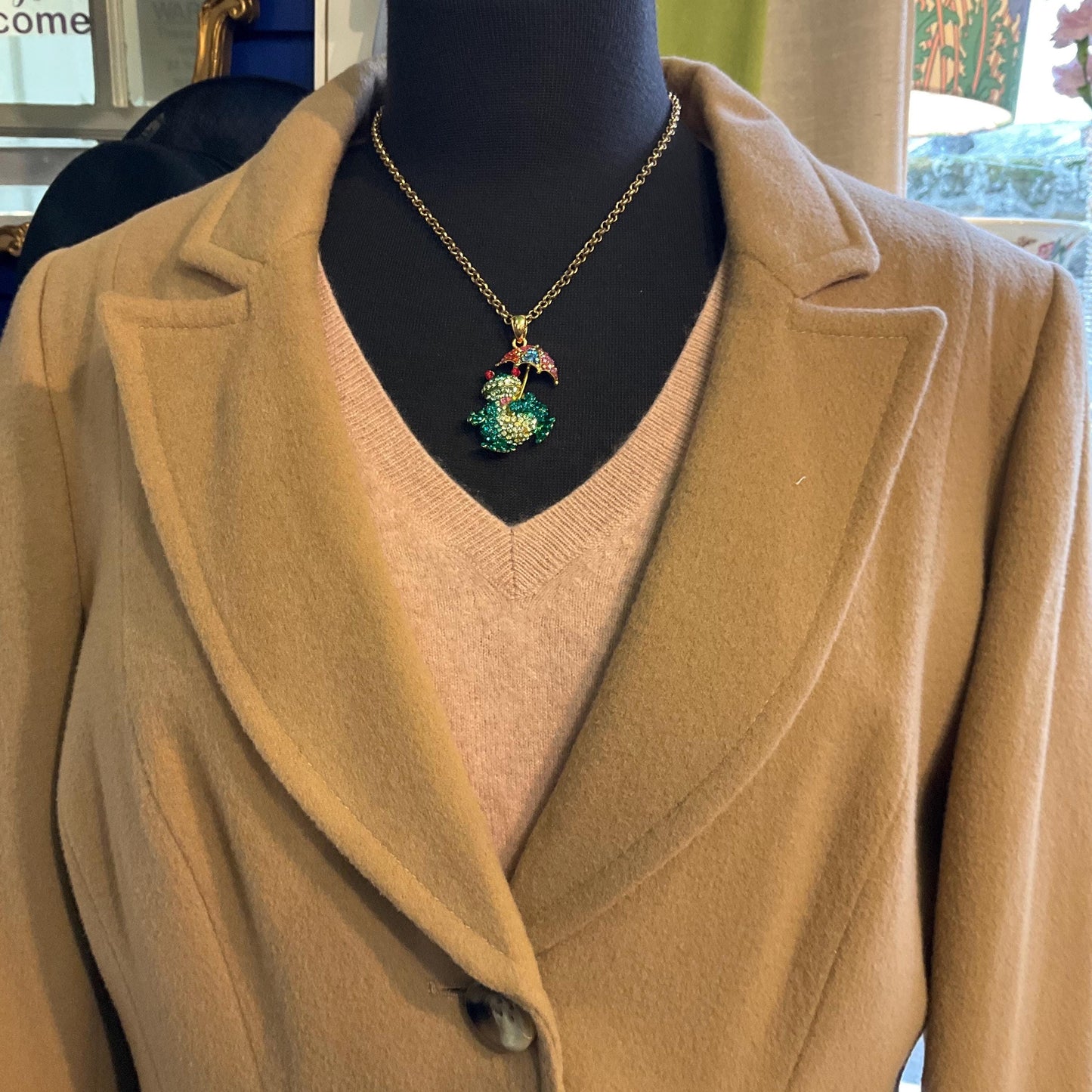 Vintage Butler and Wilson Quirky Crystal Frog with Umbrella Large Pendant Necklace, Gold tone chain with multicoloured rhinestones