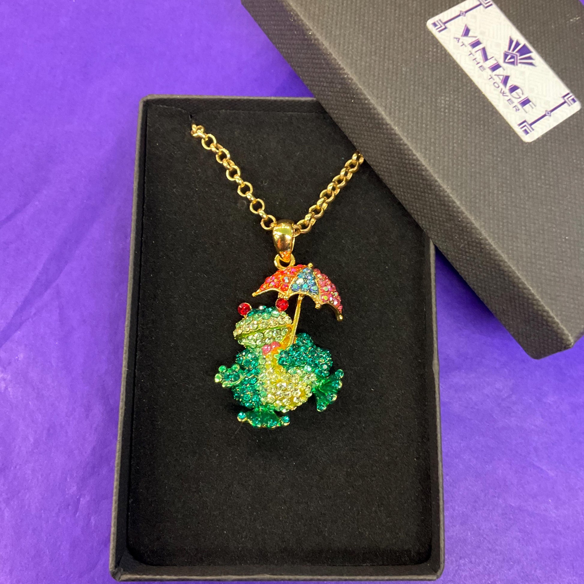 Vintage Butler and Wilson Quirky Crystal Frog with Umbrella Large Pendant Necklace, Gold tone chain with multicoloured rhinestones