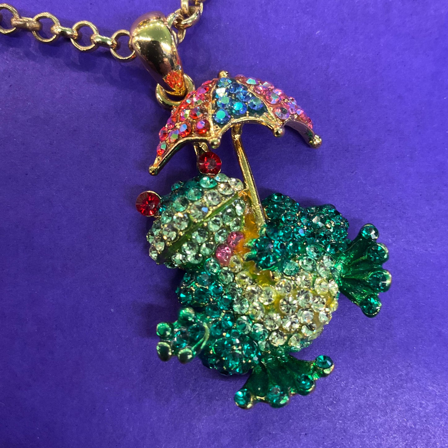 Vintage Butler and Wilson Quirky Crystal Frog with Umbrella Large Pendant Necklace, Gold tone chain with multicoloured rhinestones