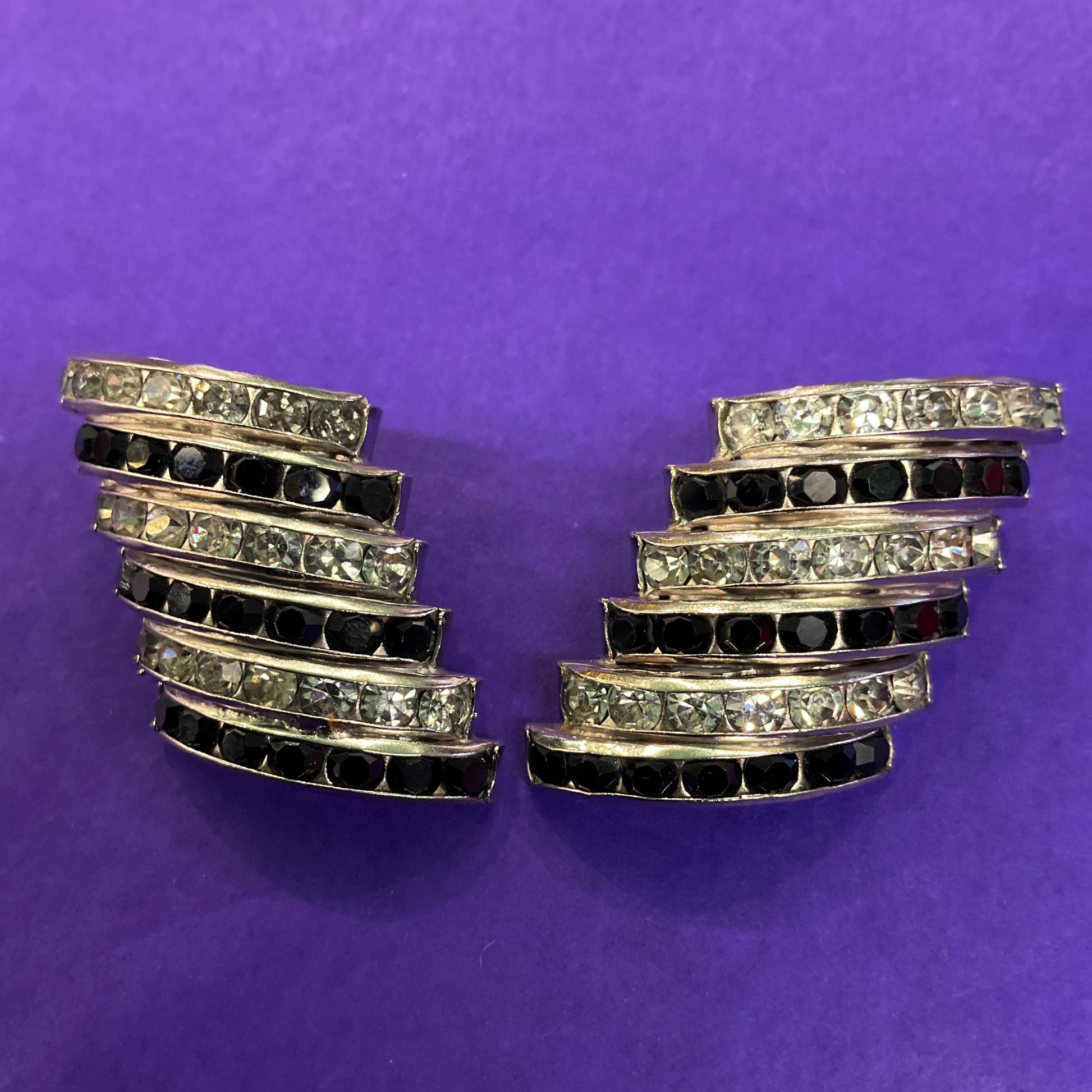 Vintage Butler and Wilson Monotone Art Deco Style Statement Clip on Earrings , silver tone with black and silver rhinestones