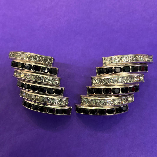 Vintage Butler and Wilson Monotone Art Deco Style Statement Clip on Earrings , silver tone with black and silver rhinestones