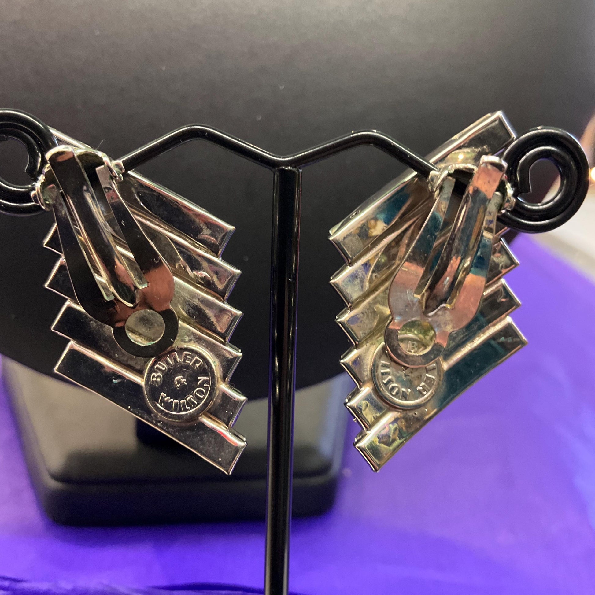 Vintage Butler and Wilson Monotone Art Deco Style Statement Clip on Earrings , silver tone with black and silver rhinestones