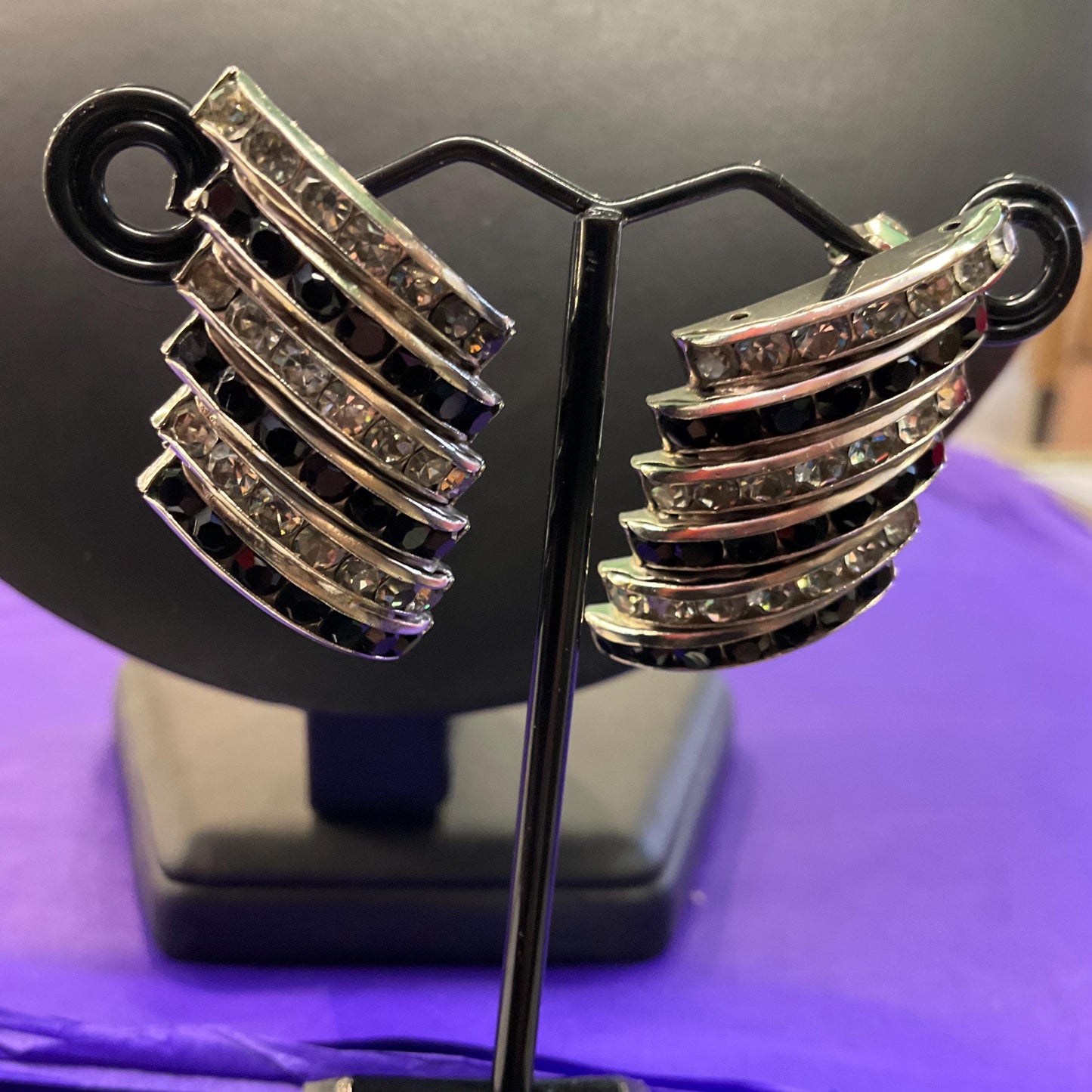 Vintage Butler and Wilson Monotone Art Deco Style Statement Clip on Earrings , silver tone with black and silver rhinestones