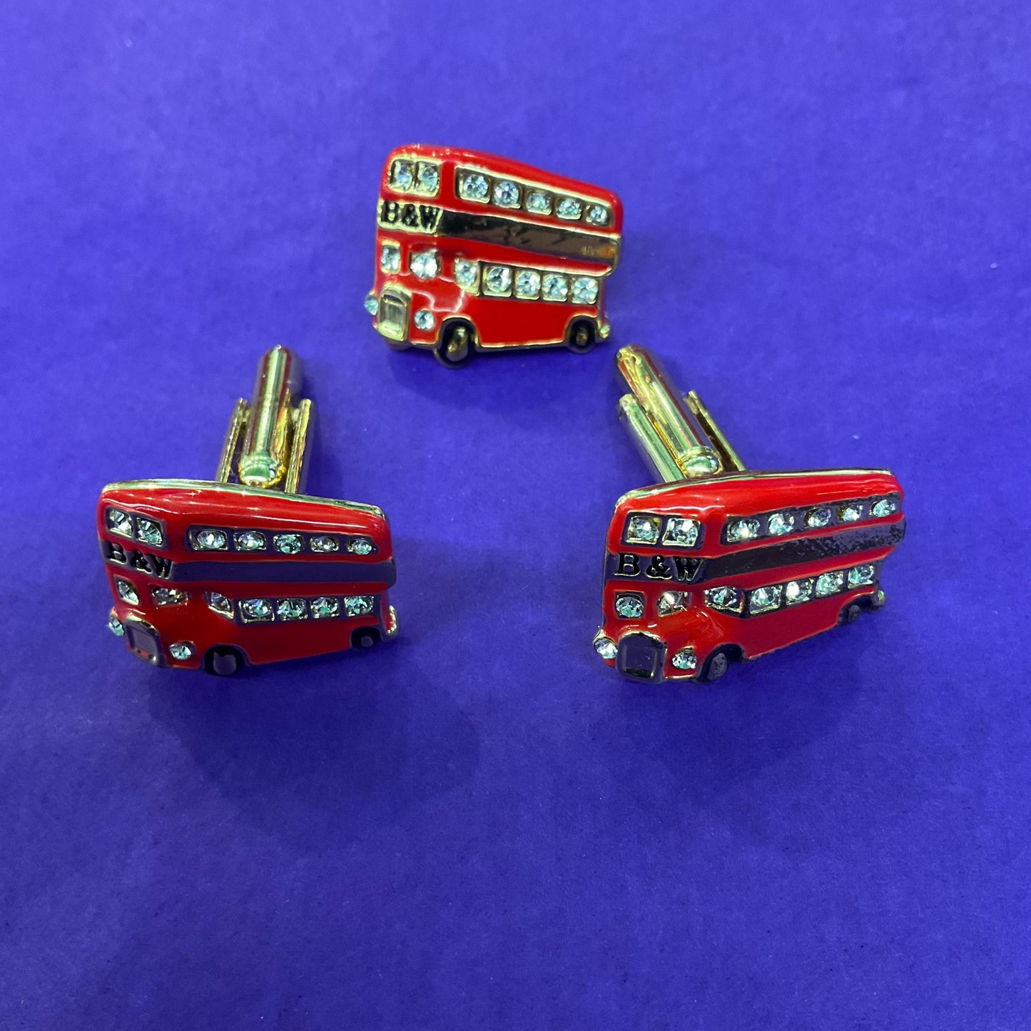 Vintage Butler and Wilson London Red Bus Cufflinks and Tie Pin/Lapel Pin Set , Gold Tone with Red enamel and silver crystals