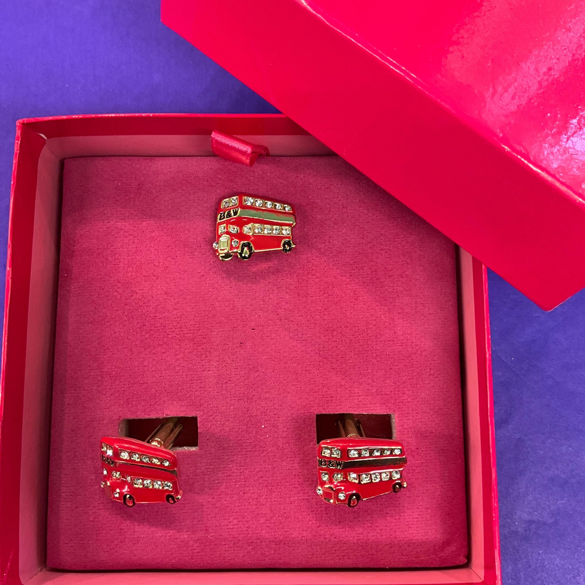 Vintage Butler and Wilson London Red Bus Cufflinks and Tie Pin/Lapel Pin Set , Gold Tone with Red enamel and silver crystals