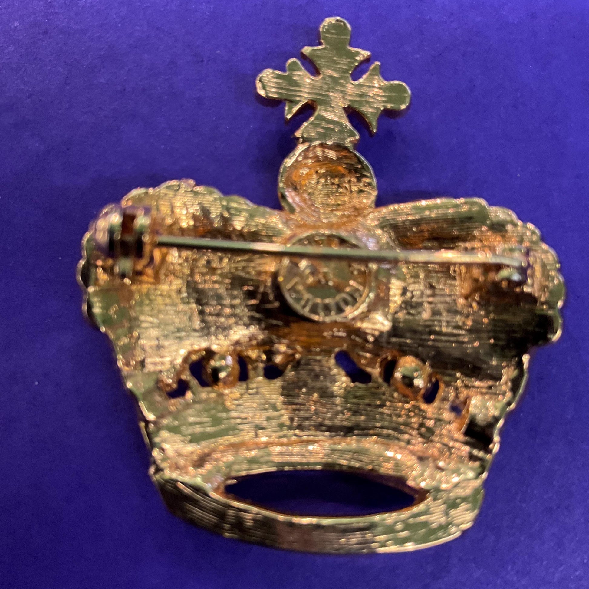 Vintage Butler and Wilson Crystal Crown Brooch, Gold tone with red enamel and multicoloured rhinestones
