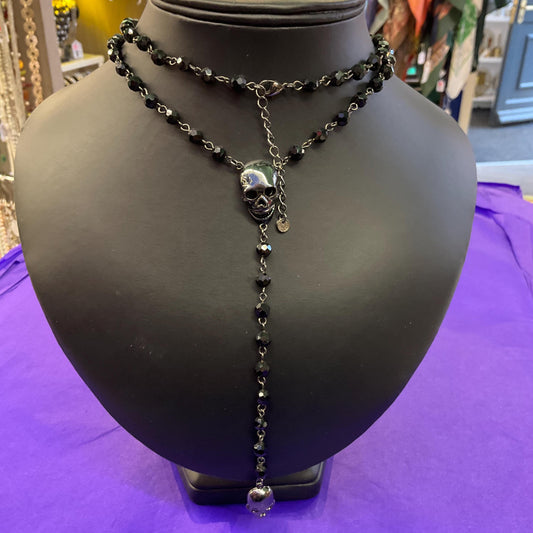 Vintage Butler and Wilson Long Dark Pewter Skull & Black Borealis Beaded ‘Y’ Drop Necklace