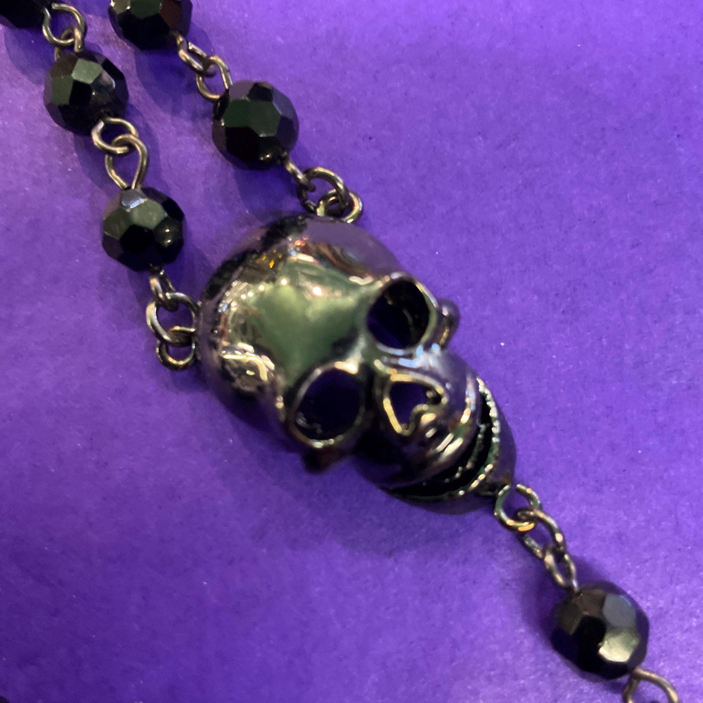 Vintage Butler and Wilson Long Dark Pewter Skull & Black Borealis Beaded ‘Y’ Drop Necklace