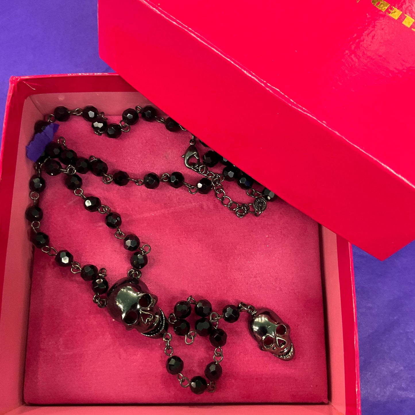 Vintage Butler and Wilson Long Dark Pewter Skull & Black Borealis Beaded ‘Y’ Drop Necklace