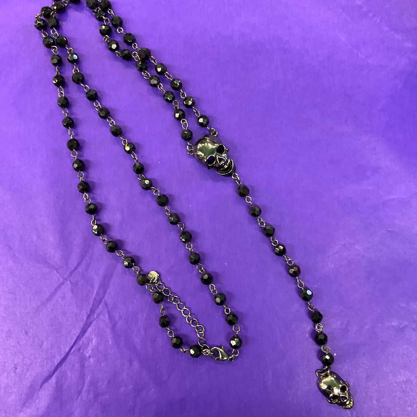 Vintage Butler and Wilson Long Dark Pewter Skull & Black Borealis Beaded ‘Y’ Drop Necklace