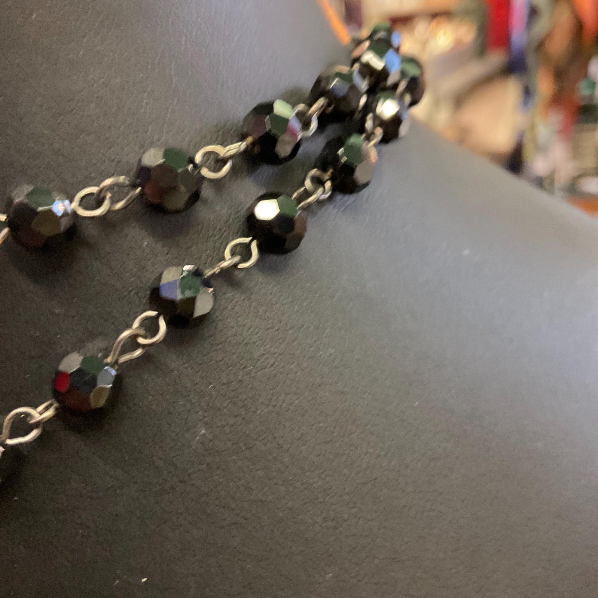 Vintage Butler and Wilson Long Dark Pewter Skull & Black Borealis Beaded ‘Y’ Drop Necklace
