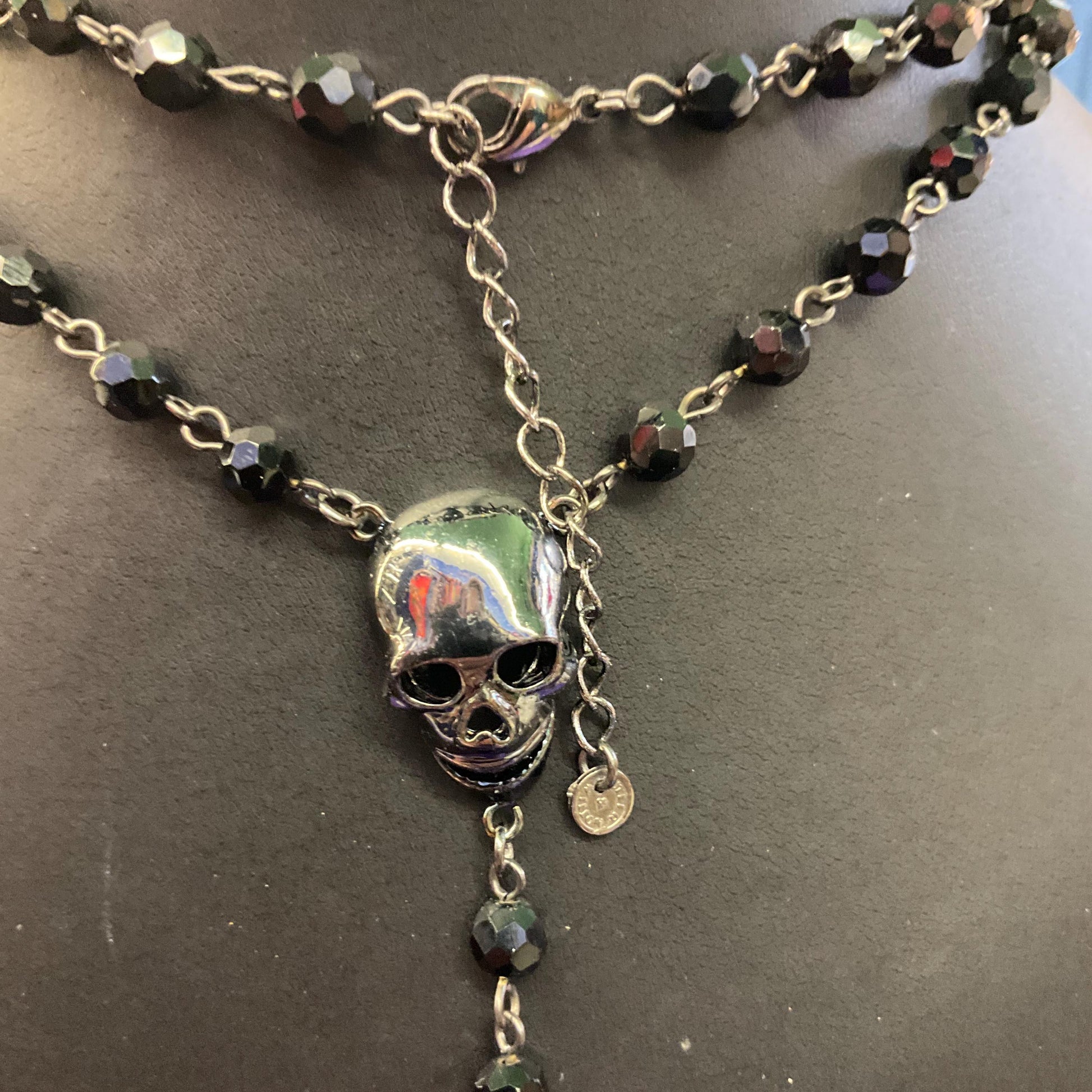 Vintage Butler and Wilson Long Dark Pewter Skull & Black Borealis Beaded ‘Y’ Drop Necklace