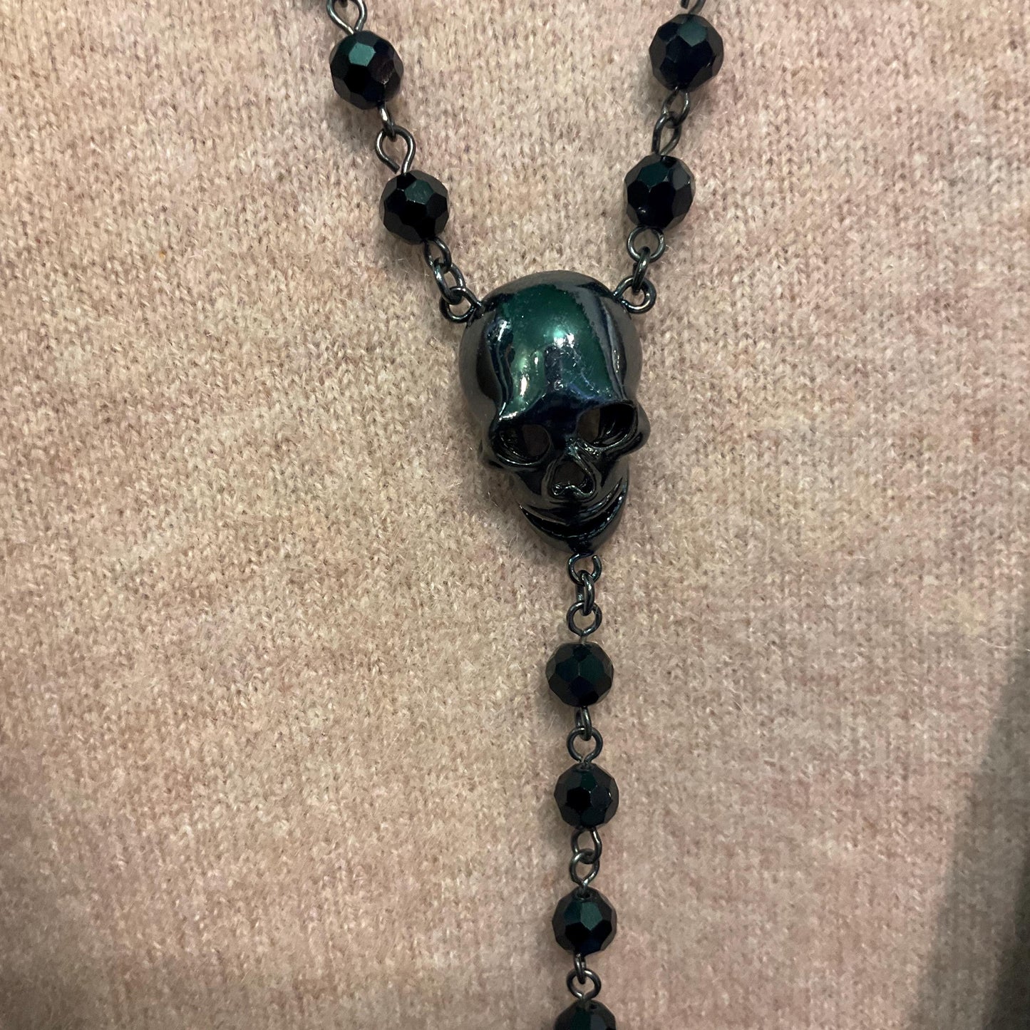 Vintage Butler and Wilson Long Dark Pewter Skull & Black Borealis Beaded ‘Y’ Drop Necklace