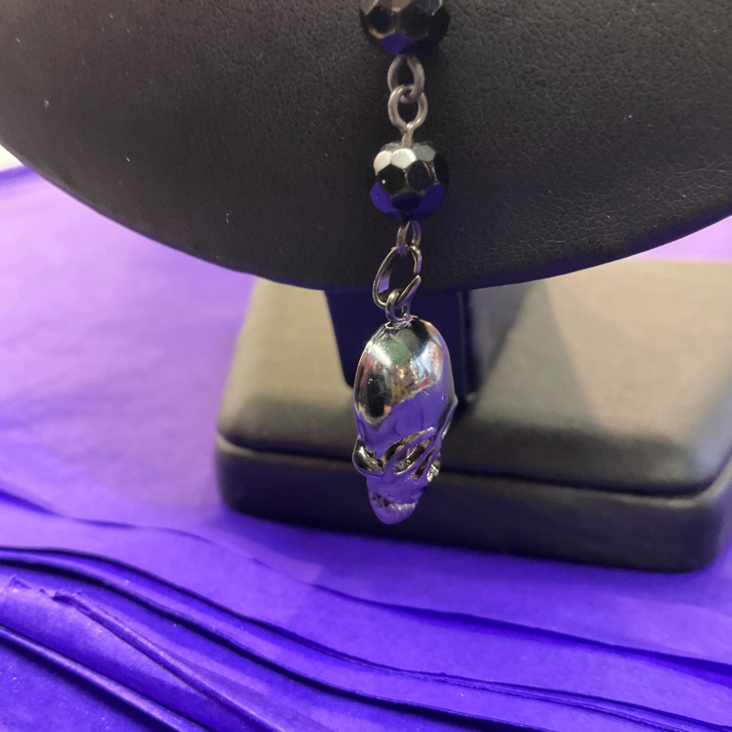 Vintage Butler and Wilson Long Dark Pewter Skull & Black Borealis Beaded ‘Y’ Drop Necklace