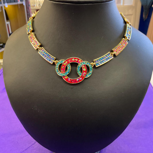 Vintage Butler and Wilson Rainbow Rings Crystal Statement Necklace , Gold tone with Borealis rhinestones