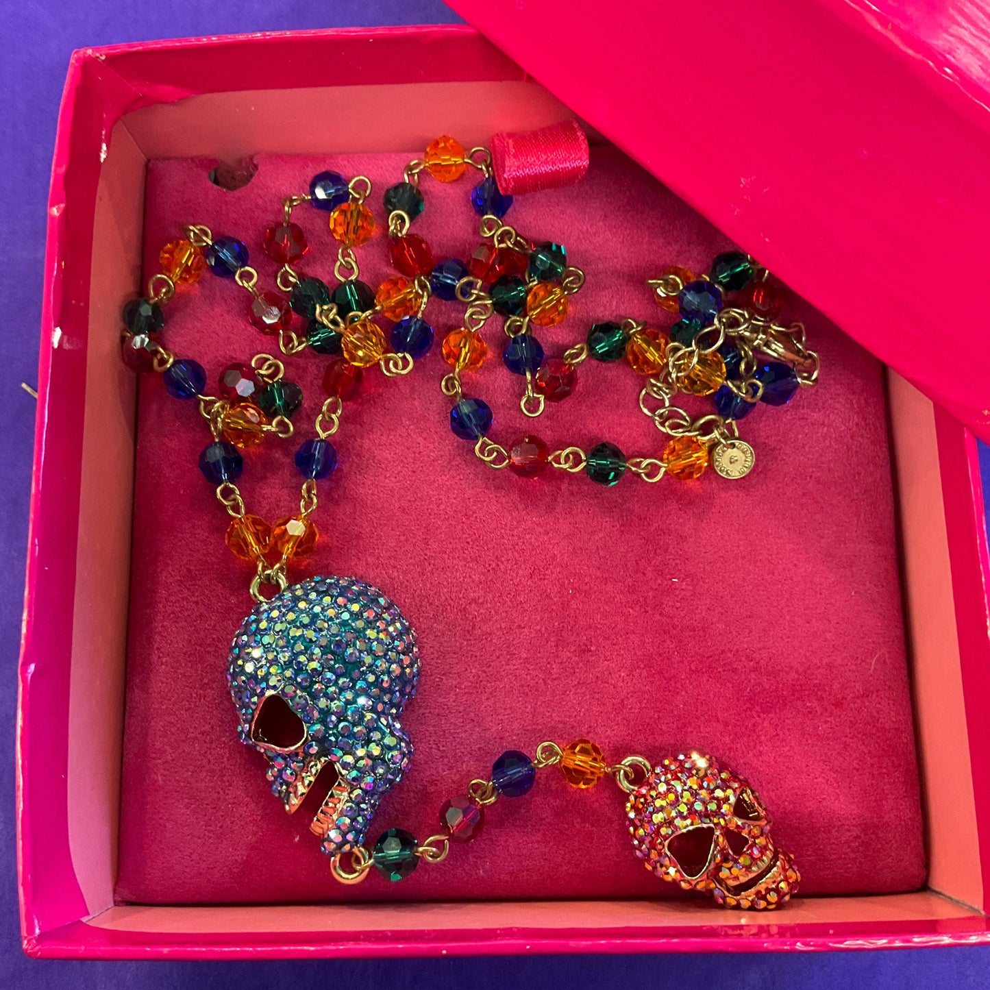 Vintage Butler and Wilson Rainbow Crystal Skull Long ‘Y’ Drop Beaded Neclace, Rainbow Crystal Beads and rhinestones