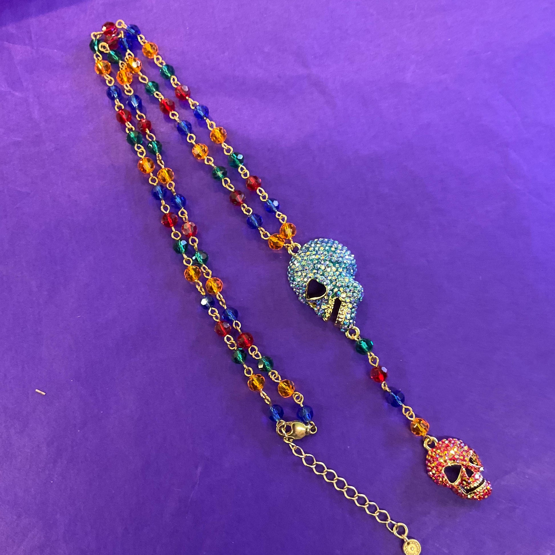Vintage Butler and Wilson Rainbow Crystal Skull Long ‘Y’ Drop Beaded Neclace, Rainbow Crystal Beads and rhinestones