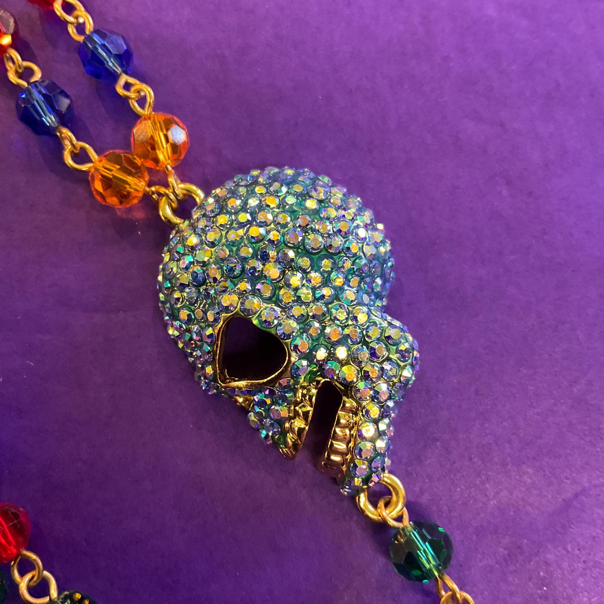Vintage Butler and Wilson Rainbow Crystal Skull Long ‘Y’ Drop Beaded Neclace, Rainbow Crystal Beads and rhinestones