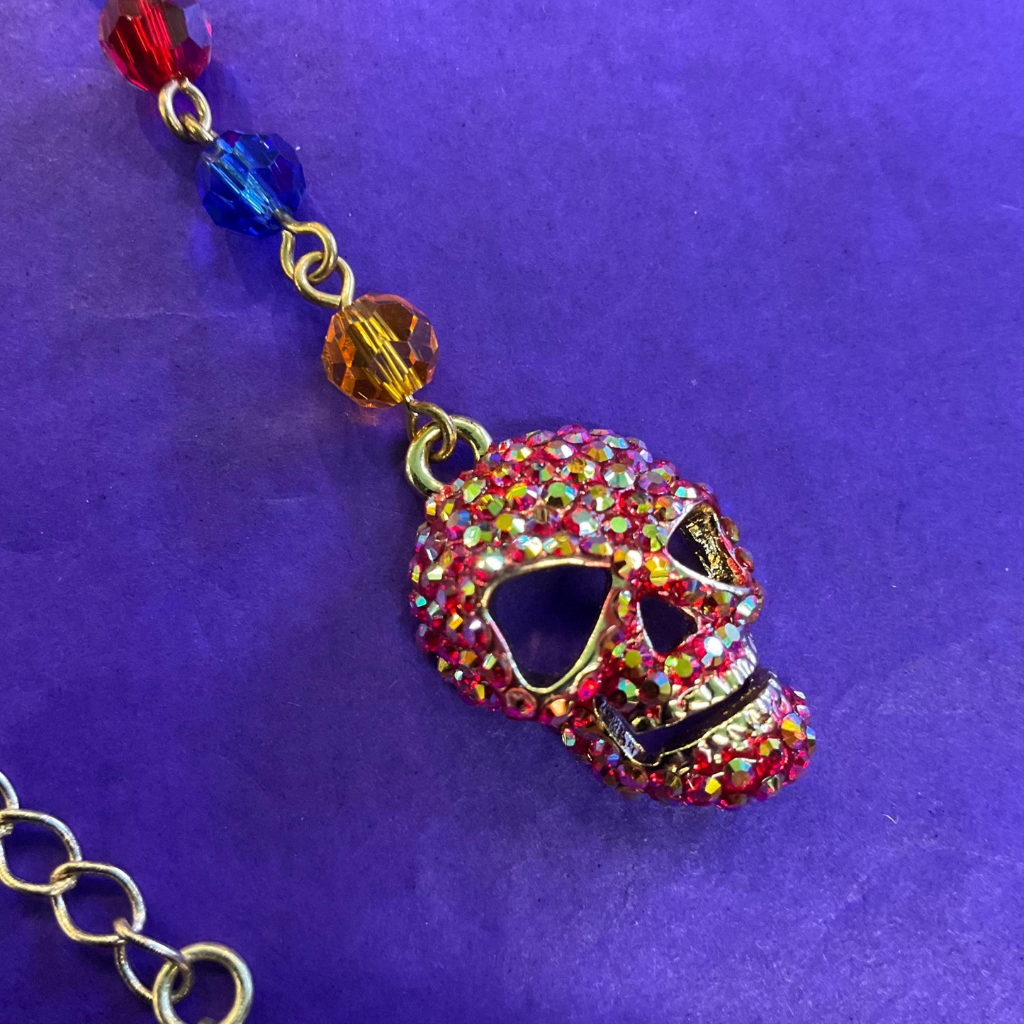 Vintage Butler and Wilson Rainbow Crystal Skull Long ‘Y’ Drop Beaded Neclace, Rainbow Crystal Beads and rhinestones