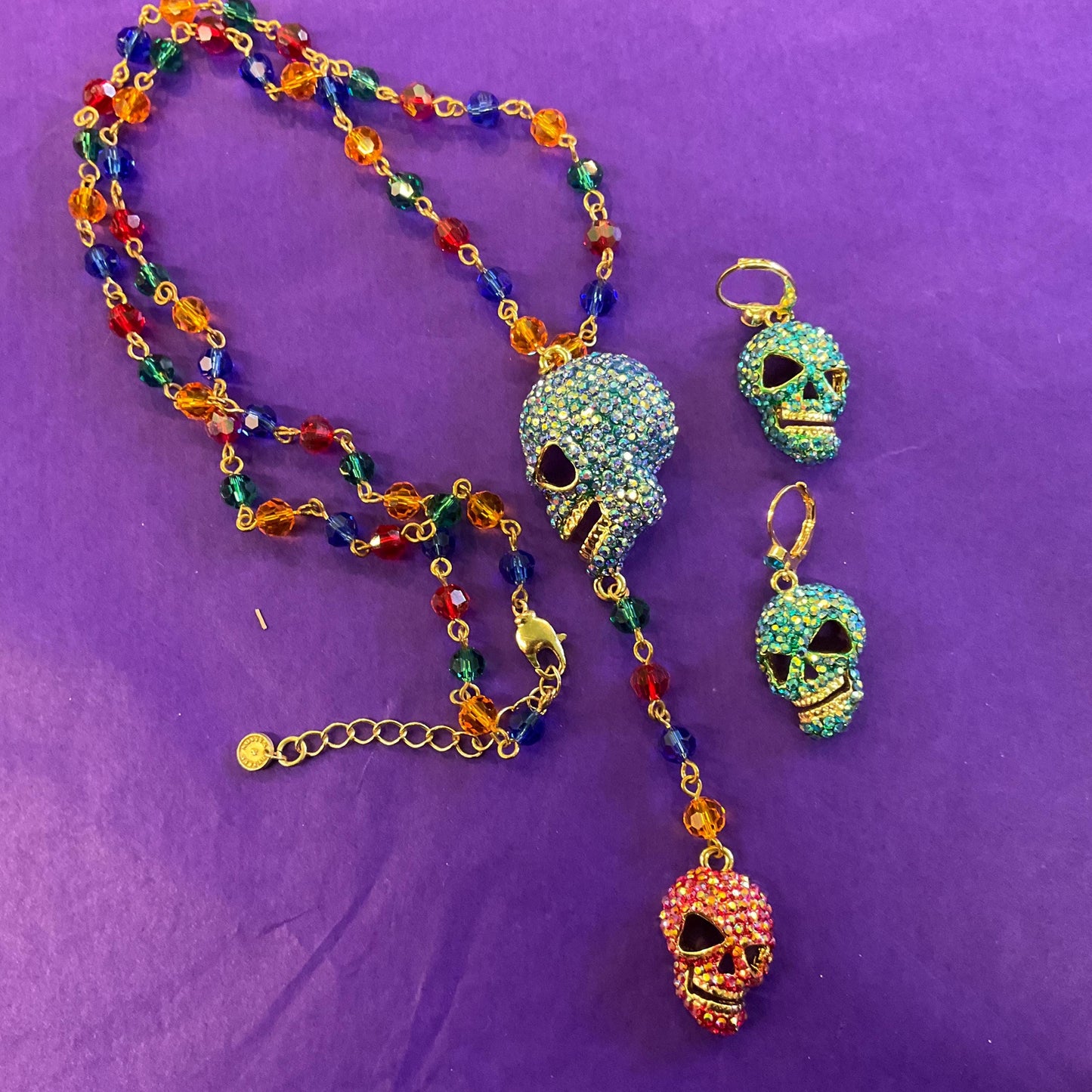 Vintage Butler and Wilson Rainbow Crystal Skull Long ‘Y’ Drop Beaded Neclace, Rainbow Crystal Beads and rhinestones