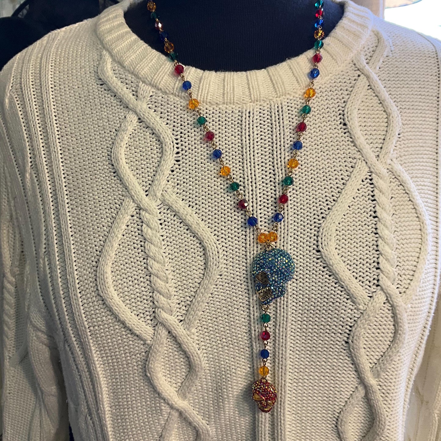 Vintage Butler and Wilson Rainbow Crystal Skull Long ‘Y’ Drop Beaded Neclace, Rainbow Crystal Beads and rhinestones