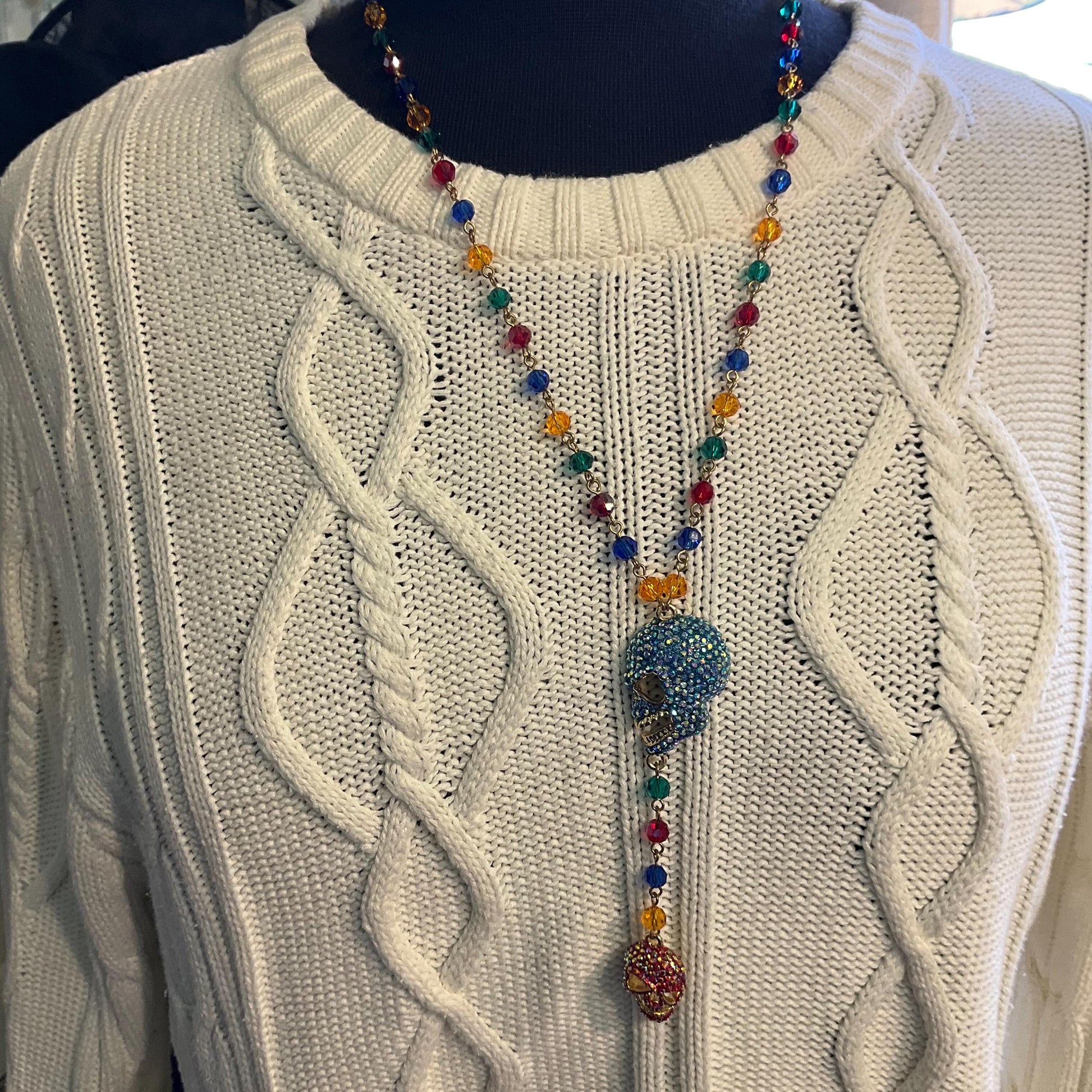 Vintage Butler and Wilson Rainbow Crystal Skull Long ‘Y’ Drop Beaded Neclace, Rainbow Crystal Beads and rhinestones
