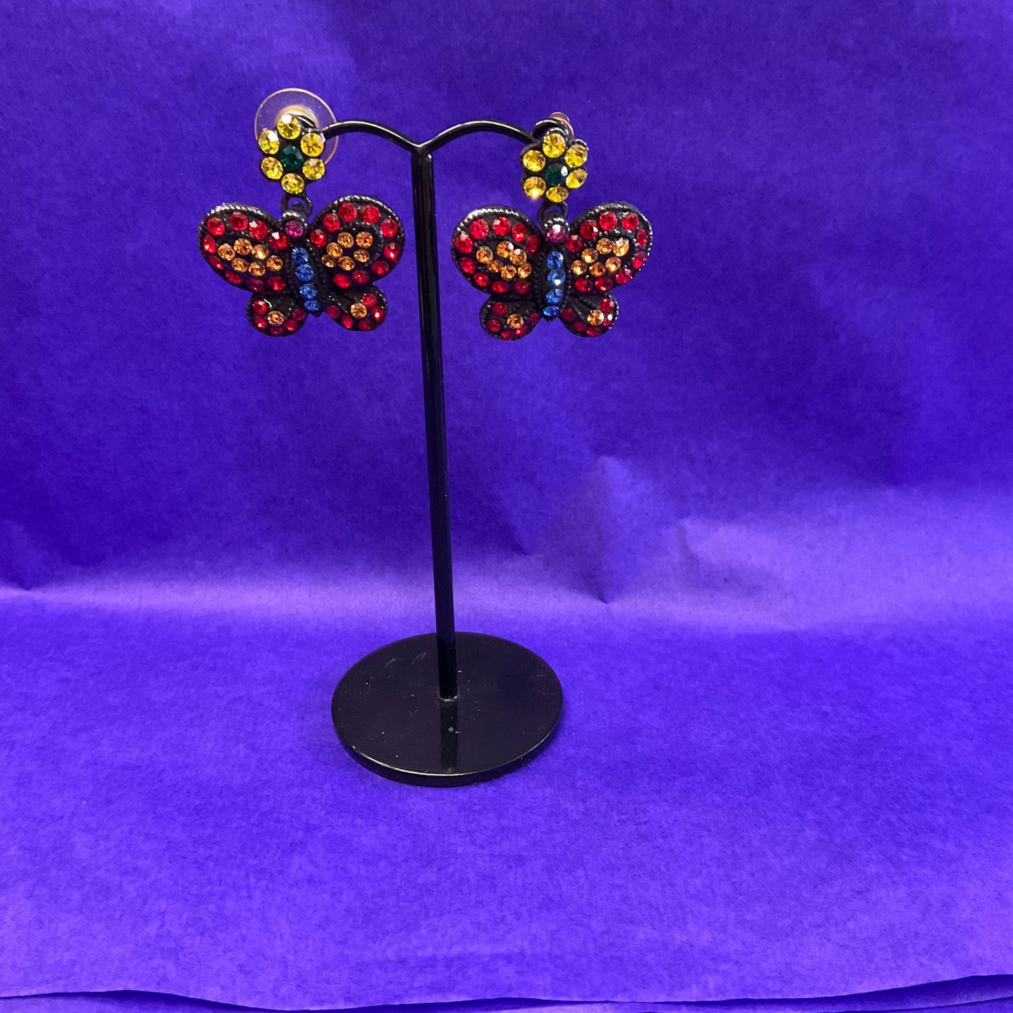 Vintage Butler and Wilson Bohemian Butterfly Rainbow Crystal Earrings, Black coated metal with vibrant coloured rhinestones