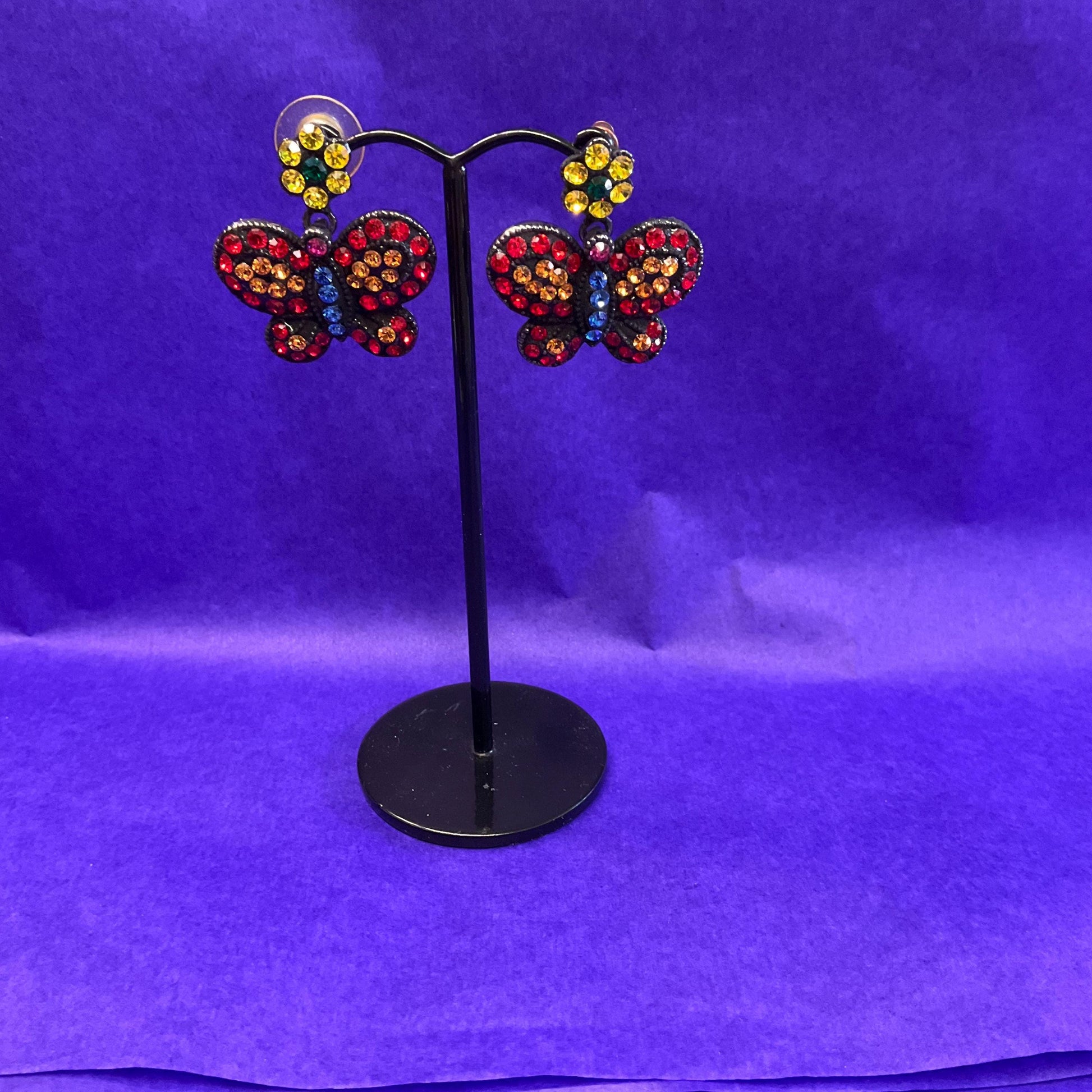 Vintage Butler and Wilson Bohemian Butterfly Rainbow Crystal Earrings, Black coated metal with vibrant coloured rhinestones