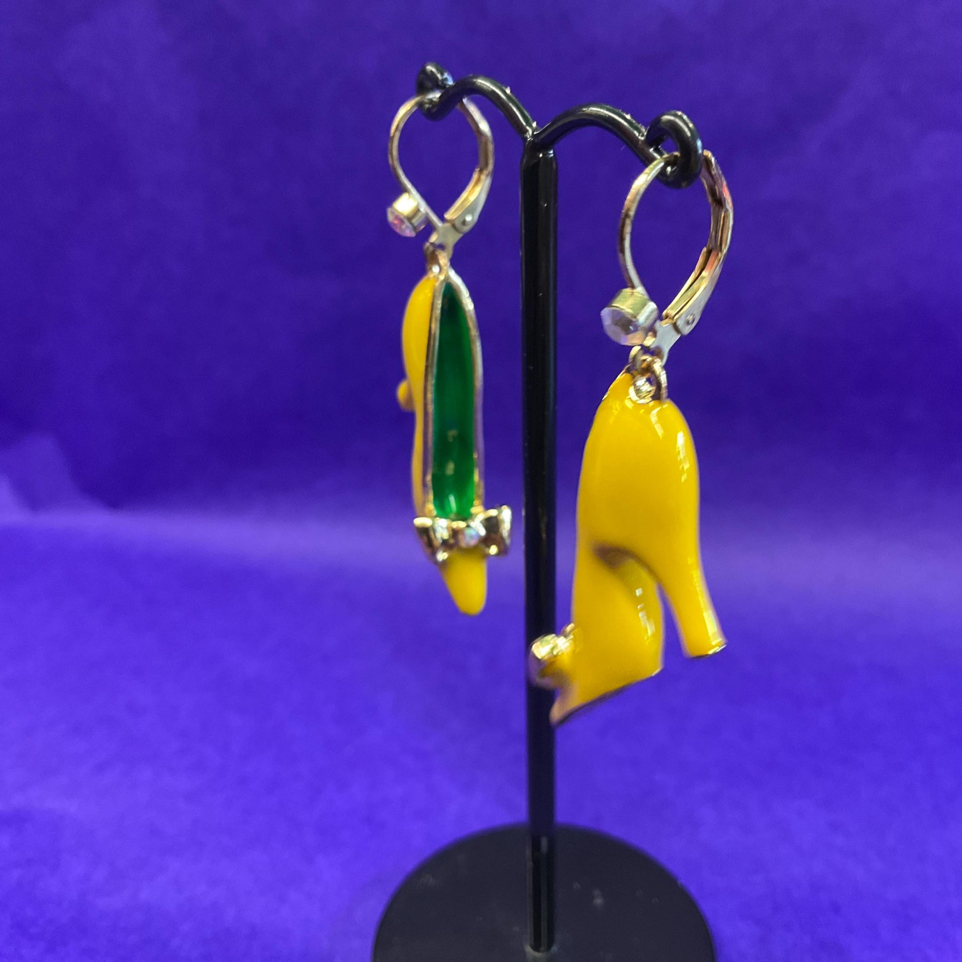Vintage Butler and Wilson Disney Princess Yellow Shoe Drop Earrings, Gold tone with Enamel and Aurora Borealis rhinestones