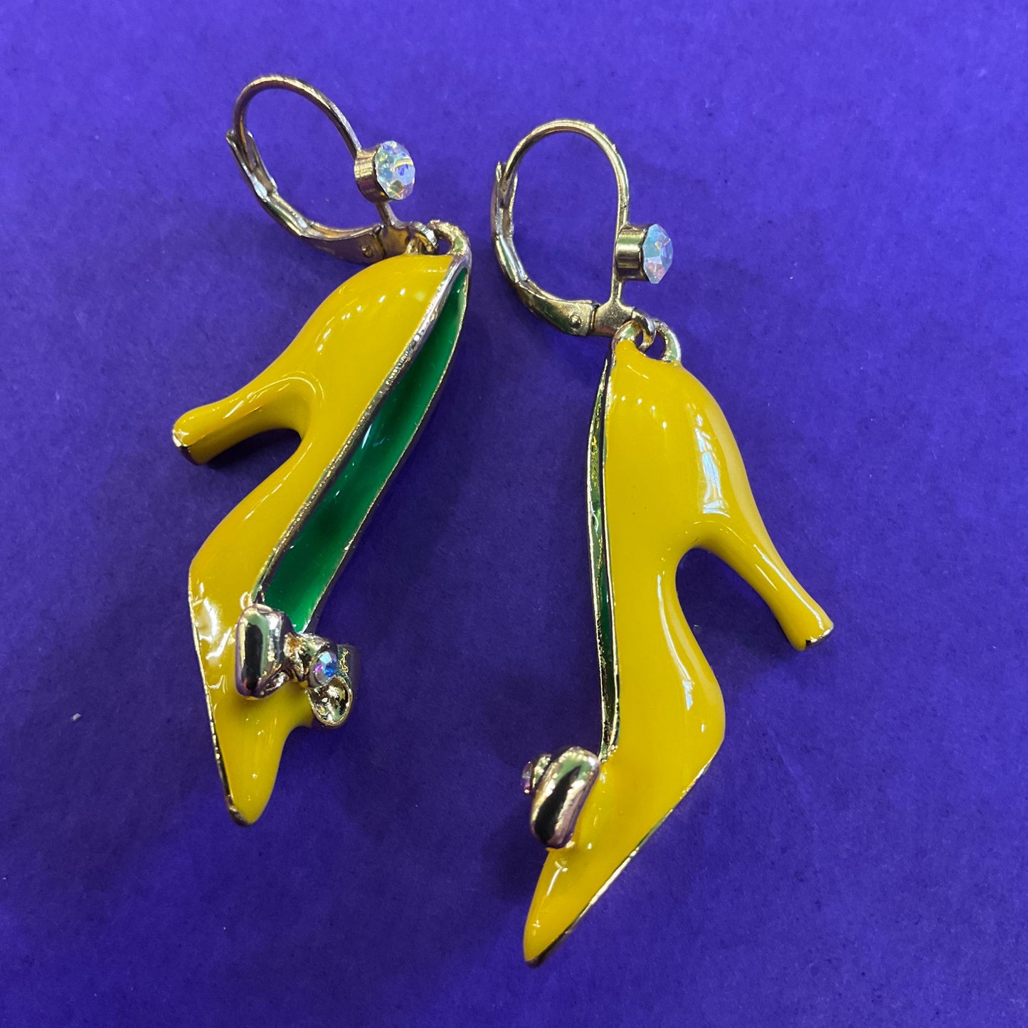 Vintage Butler and Wilson Disney Princess Yellow Shoe Drop Earrings, Gold tone with Enamel and Aurora Borealis rhinestones