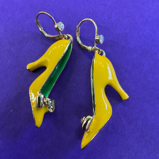 Vintage Butler and Wilson Disney Princess Yellow Shoe Drop Earrings, Gold tone with Enamel and Aurora Borealis rhinestones
