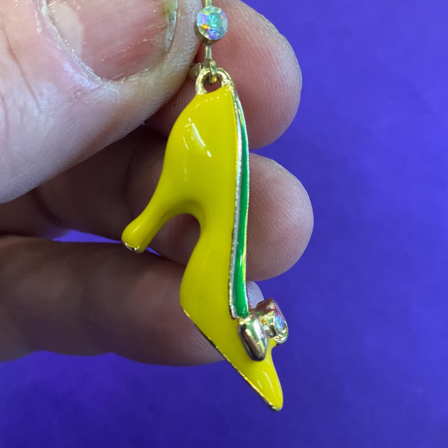 Vintage Butler and Wilson Disney Princess Yellow Shoe Drop Earrings, Gold tone with Enamel and Aurora Borealis rhinestones