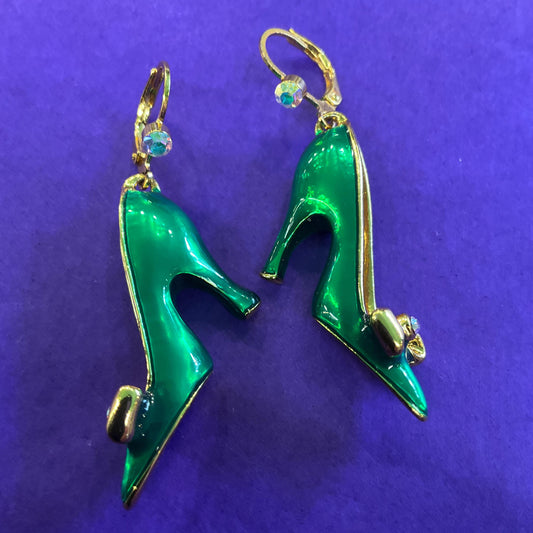 Vintage Butler and Wilson Green Disney Princess Shoe Drop Earrings, Gold tone with lustre Enamel and Aurora Borealis rhinestones