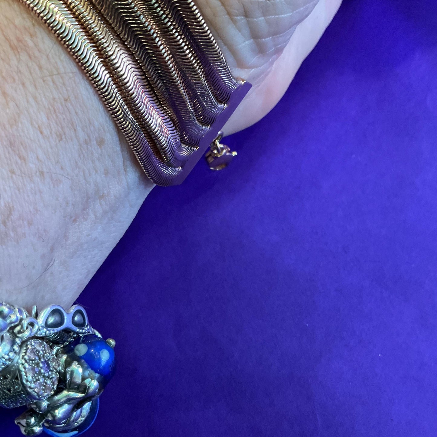 Vintage Butler and Wilson Rose Gold Tone Multistrand Retro Snake chain Bracelet, signed in the Original Box