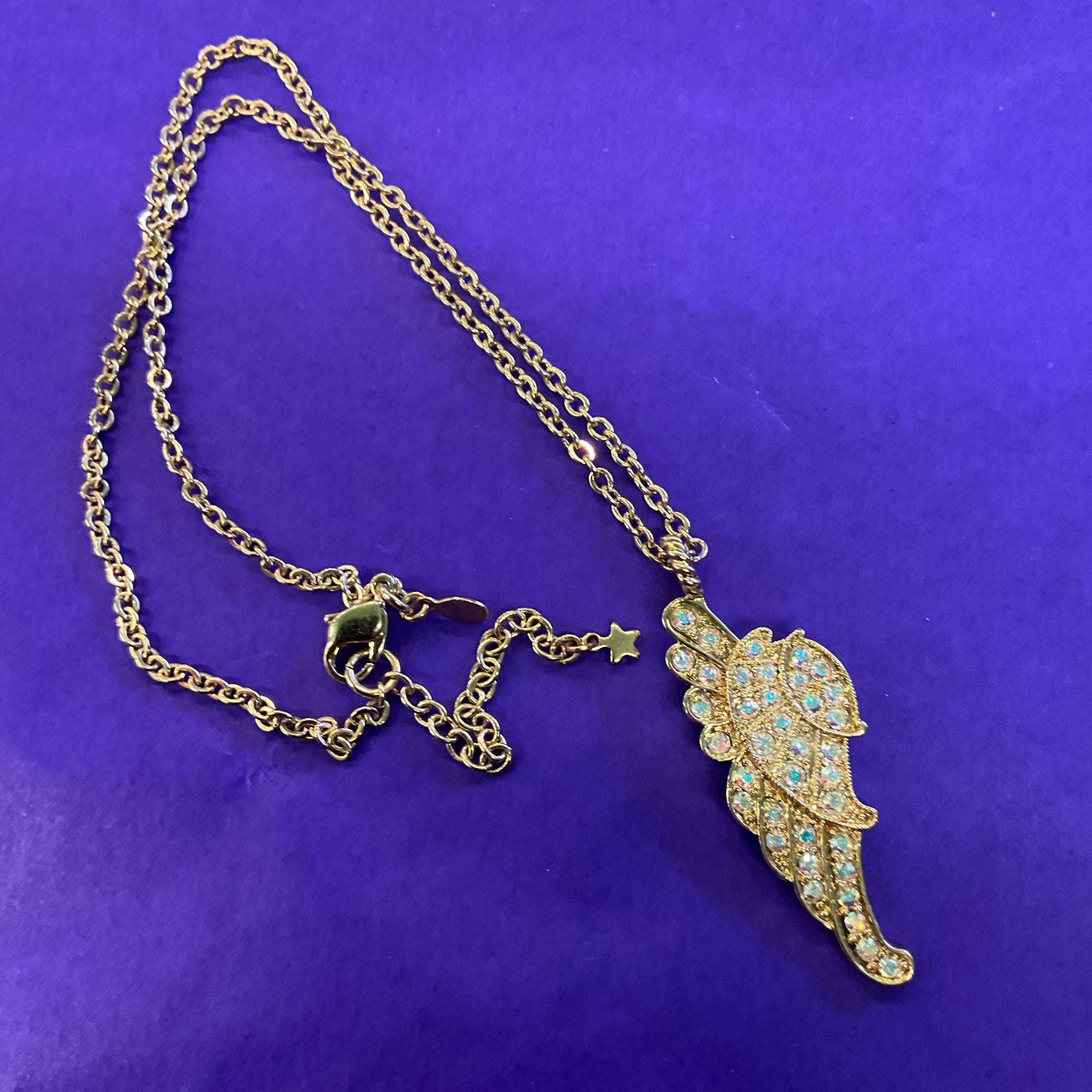 Vintage Kirk’s Folly ‘ Fly Home Angel’ Crystal Angel Wing Pendant, Gold tone with Borealis crystals