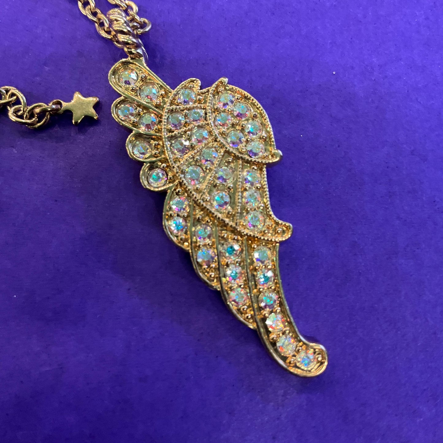 Vintage Kirk’s Folly ‘ Fly Home Angel’ Crystal Angel Wing Pendant, Gold tone with Borealis crystals