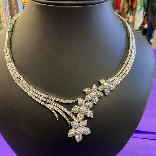 Vintage Butler and Wilson Statement Crystal Floral Collar Necklace, Silver tone with rhinestone crystals